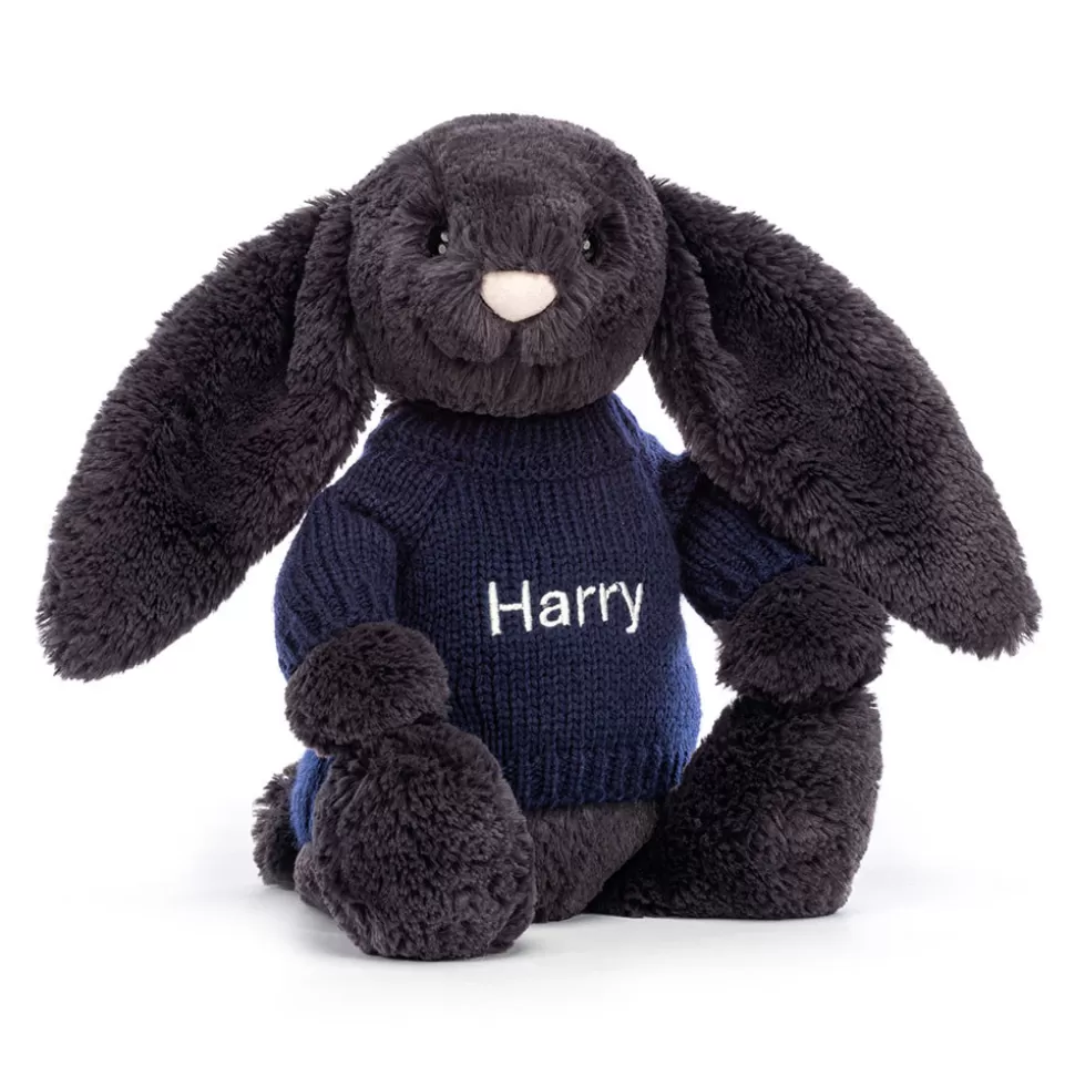 Lapin Timide Jellycat en Peluche Noir - Pull Marin Personnalisé avec Prénom Brodé