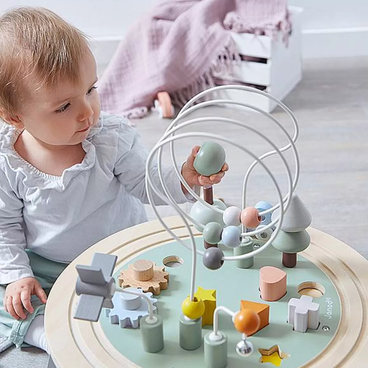 Janod Table d'Éveil Bois Sweet Cocoon S - Jeu d'Épanouissement en Hêtre Massif avec Promo Exclusif